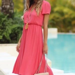 WAYF Blouson Midi Dress Short Sleeve Coral